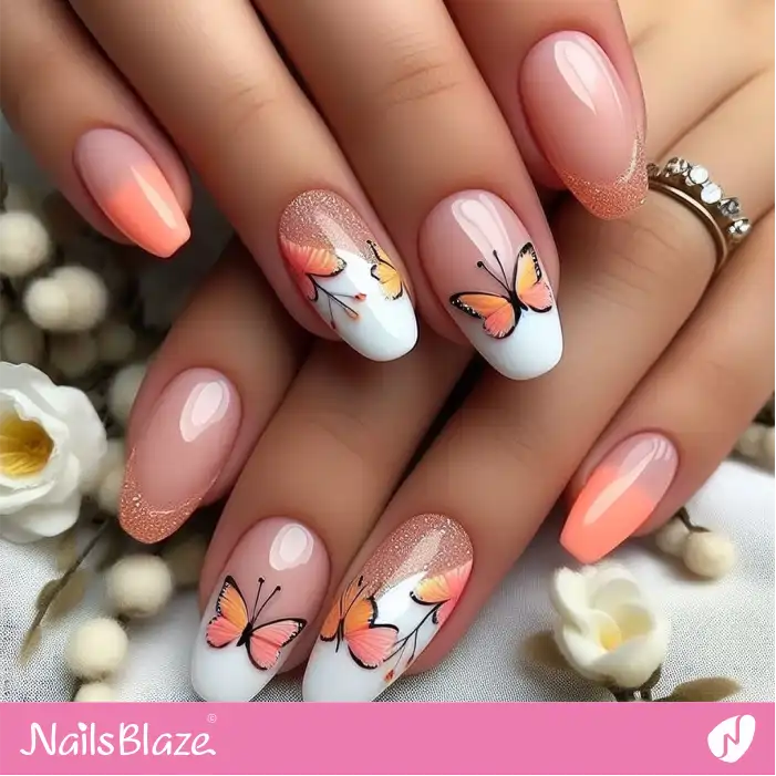 Peach Fuzz Shimmer Nail Design with Butterflies | Color of the Year 2024 - NB1833